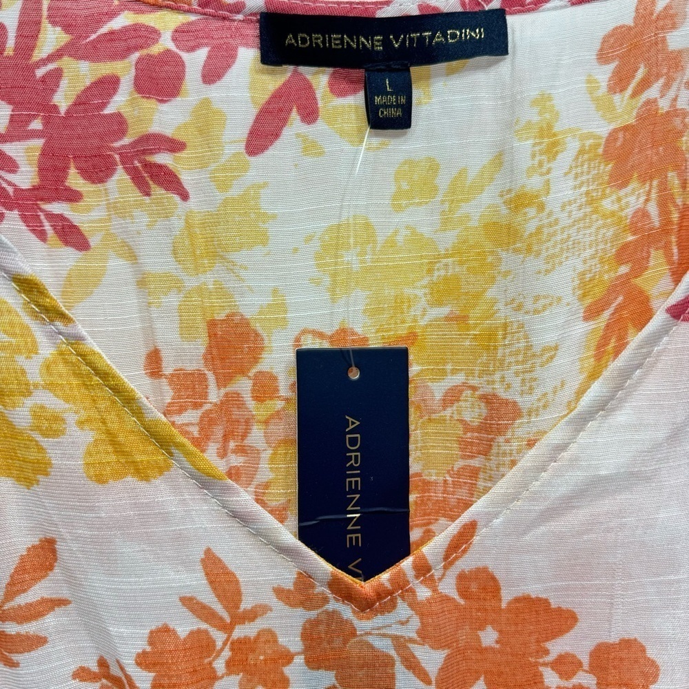 Adrienne Vittadini Floral V neck Semi Sheer Flowy Short Sleeve Dress Size L - Picture 10 of 10